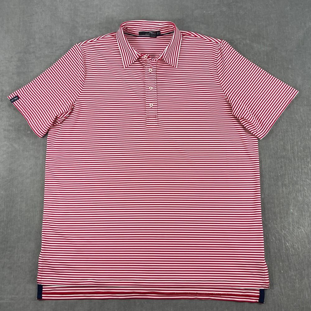 RLX Ralph Lauren Men XL Red White Striped Polo Shirt Performance Golf